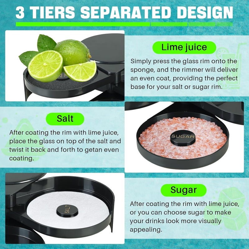 weyleity 3-Tier Bar Glass Rimmer Bartender Tool with Sponge | Margarita Salt Rimmer Set with 3-Tray, Black Plastic Salt Sugar Lime Juice Rimmer Box for Cocktails Margaritas - Image 3